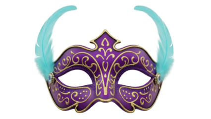 Isolated Mardi Gras mask costume with feathers, purple with gold details and turquoise accents