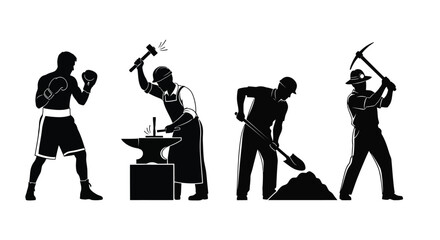 Black Silhouettes of Workers and Boxer in Various Occupations and Sports