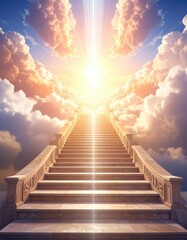 Stairway ascending to heavenly light, surrounded by fluffy clouds and radiant sun