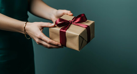 Woman presenting a gift with red ribbon.