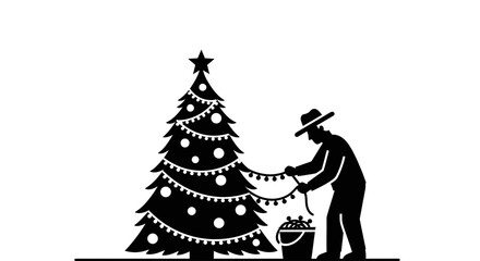 A person decorates a Christmas tree with lights.