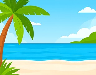 Fototapeta premium Serene cartoon beach scene with palm tree, blue water, and sand under a bright sky with green hills