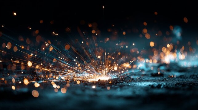 Dramatic shot capturing intense sparks erupting from a point of impact on a textured surface, bathed in cool and warm tones