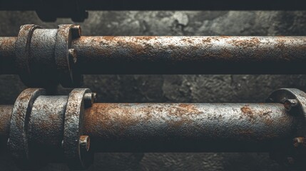 Close-up of aged, rusted metal pipes joined by bolted flanges against a textured, dark stone backdrop