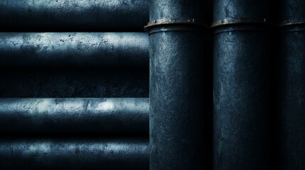A close-up of dark, aged metal pipes in a stacked arrangement. The lighting highlights their rough texture and cylindrical shape