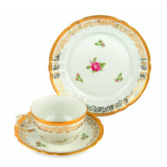 Sophisticated Tea Cup and Dessert Plate with Rose Design