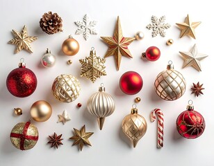 Festive holiday ornaments, stars, pinecone, and decor