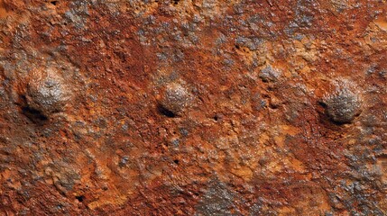 A close-up showcases a weathered, rusted metal surface with riveted protrusions, textures, and subtle shades
