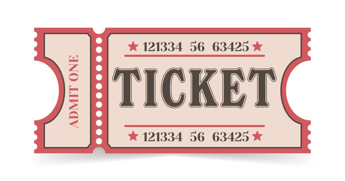 Vintage red Admit One ticket template. Retro movie, circus, and carnival ticket mockup design, classic event pass vector illustration for posters, invitations, festival branding, and nostalgic mockups
