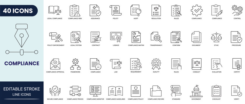 Compliance line icon set. Includes compliance, regulatory, governance, corporate, transparency, regulations and more. Editable stroke. Vector illustration.