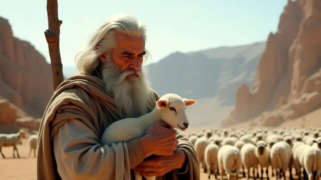 An old biblical shepherd holding a small lamb in the desert. A wise prophet with his flock of sheep. The good shepherd and faith concept