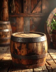 Wooden barrels in a rustic, aged wooden room with light