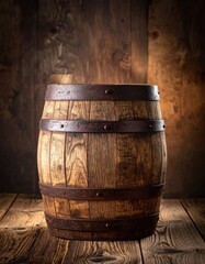 Rustic wooden barrel with metal bands sits on a wood floor