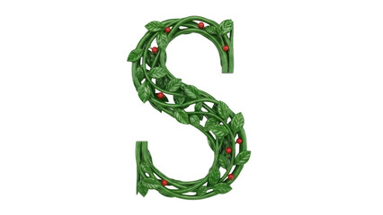Isolated botanical letter S, green vine font with leaves and red berries, alphabet design