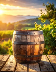 Wooden barrel on a wooden table, vineyard and mountain backdrop, sunset