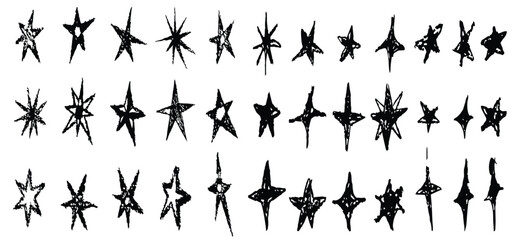 Star and flash doodle scribble icons set featuring hand drawn lightning bolts and stars in playful sketch style. Simple outline symbols ideal for stickers, social media, posters, kids designs, 