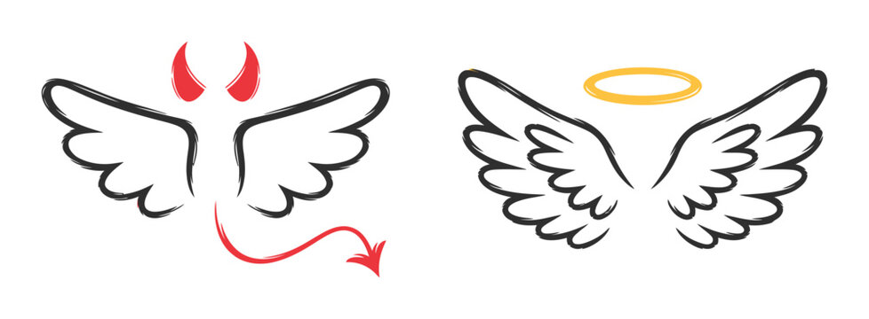 Angel and devil wings with horns and halo isolated white background