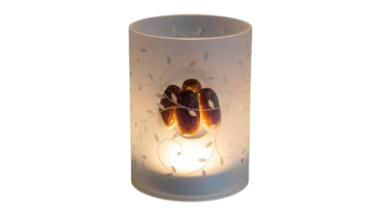 Lit Candleholder: A beautifully lit candleholder is presented, emanating a warm, inviting glow. The translucent material reveals an intricate design.