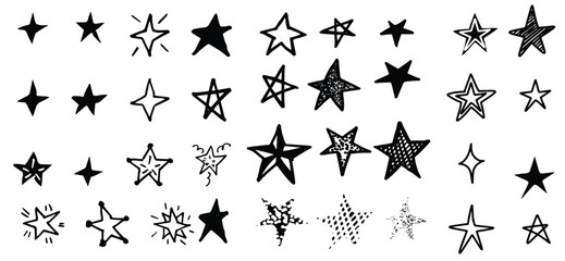 Star and flash doodle scribble icons set featuring hand drawn lightning bolts and stars in playful sketch style. Simple outline symbols ideal for stickers, social media, posters, kids designs, 