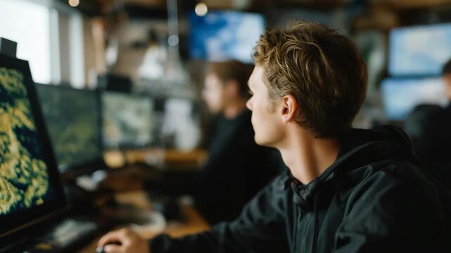 A maritime cartographer studying sonar data aboard a research vessel, ocean floor ridges appearing as 3D terrain models on the screen &mdash; underwater mapping, marine geography, and advanced