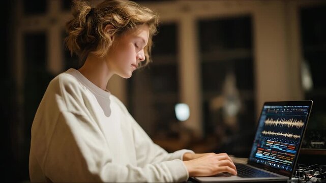 A musician sending early demo tracks to subscribers, with waveforms and handwritten notes visible on their laptop &mdash; exclusive content intimacy, behind-the-scenes music process, and fan-supported