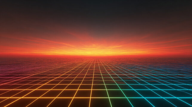 An eye-level shot captures a futuristic perspective of an orange grid that extends towards the horizon and a brilliant sunset