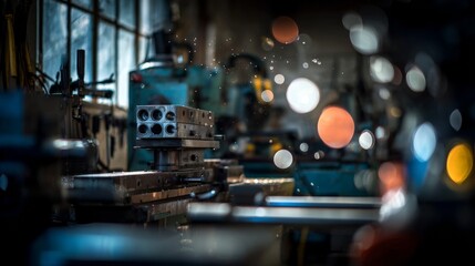 Dusty workshop interior. Metal parts and machinery are in focus, with bokeh highlights from light and reflections