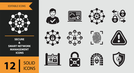 Secure and smart network management solid icons set for digital security and data protection