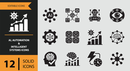 A solid icon set representing artificial intelligence, automation, and smart technology advancements
