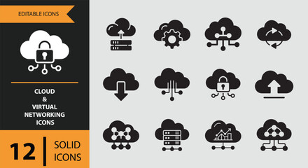 A collection of editable solid icons representing cloud computing and virtual networking concepts