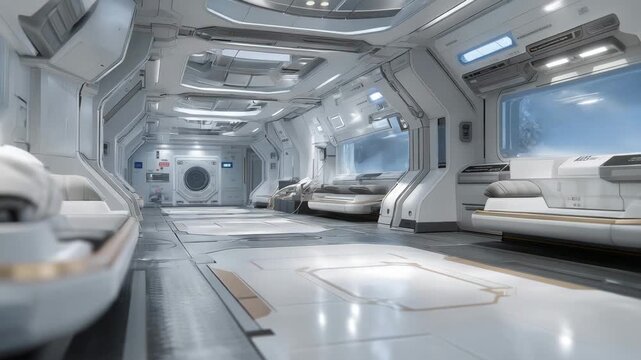 A sci-fi medical bay where cryogenic stasis pods hold patients in suspended animation, soft pulses of blue light monitoring vitals through frosted glass &mdash; speculative medicine, long-duration space