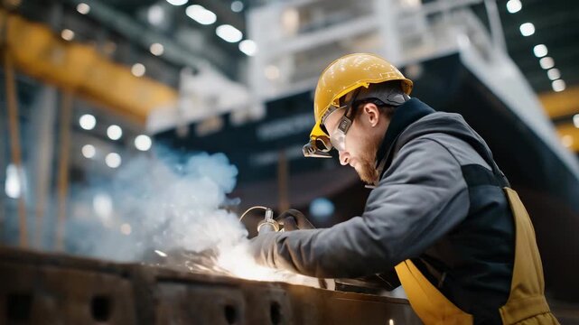 A ship engineer inspecting a steel hull in a dry dock, sparks flying from welding equipment as towering scaffolding surrounds the vessel &mdash; heavy maritime repair, industrial craftsmanship, and