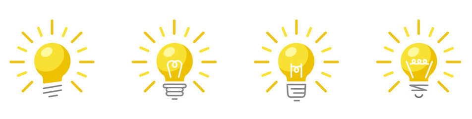 光っているランプのアイコンセット。発見やアイディアを表す電球のデザイン。Glowing lamp icon.