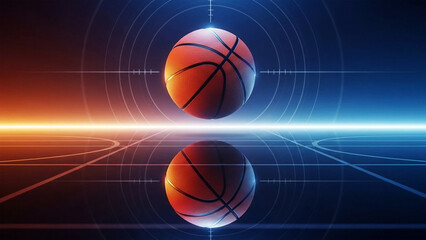 Obraz premium Orange basketball suspended in glowing blue and orange digital court reflection sport game