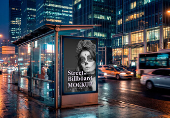 Night urban bus shelter billboard mockup