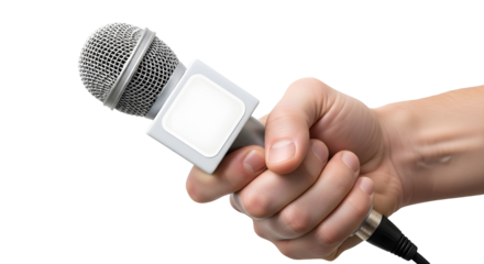 Hand holding a microphone isolated on transparent background