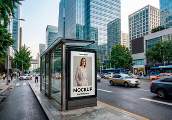Daytime city bus shelter billboard mockup