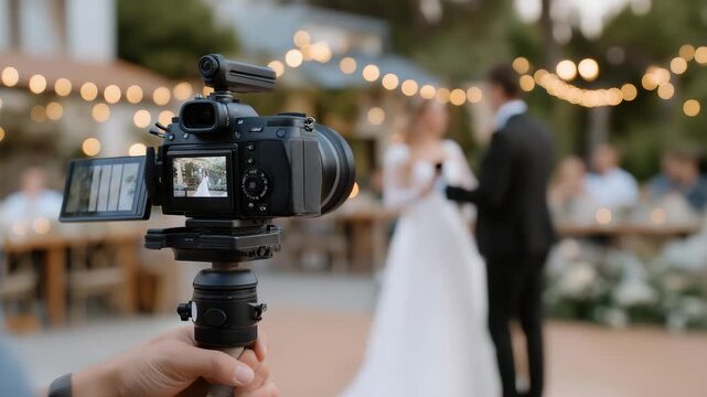 A wedding videographer using a gimbal to glide around a couple during their first dance, soft fairy lights creating dreamy bokeh behind the lens &mdash; event filmmaking, smooth romantic camera movement,