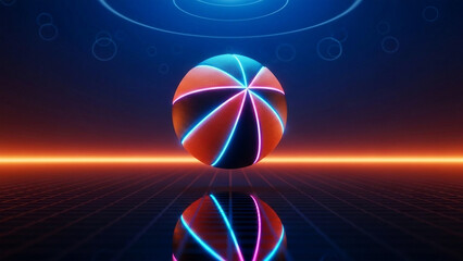 Neon basketball floating above reflective grid with glowing orange horizon light