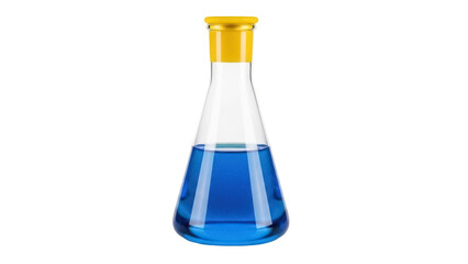 Isolated Erlenmeyer flask with blue liquid and yellow stopper for experiments and lab work