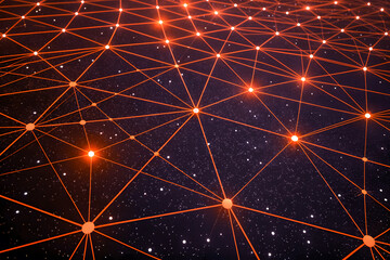 Abstract orange network grid overlaying a starry night sky, representing digital connections and global communication