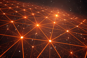 Abstract orange glowing network of interconnected nodes and lines, representing futuristic technology and global connections with a sense of depth and complexity