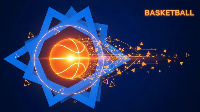 Glowing Orange Basketball with Blue Geometric Shapes and Orange Particles sport game - Powered by Adobe