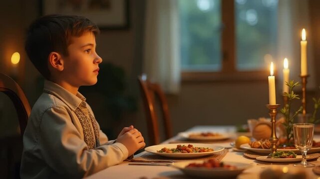 A young boy praying at the dinner table before a meal. Child giving thanks by candlelight in a cozy home setting. Faith and gratitude concept