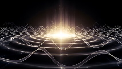 Abstract glowing light waves emanating from a central energy source creating a futuristic waveform
