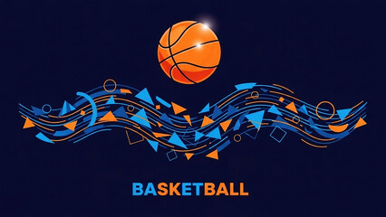 Orange basketball floating above abstract blue and orange geometric wave pattern sport game