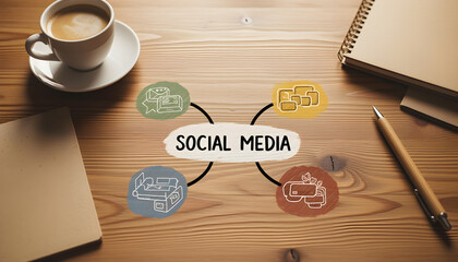 Social Media Mind Map Concept: Platform Icons Facebook Instagram Coffee Desk