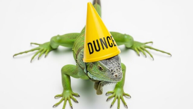 iguana wearing a dunce cap hat, dim, dumb, stupid, on a white background, animal photo