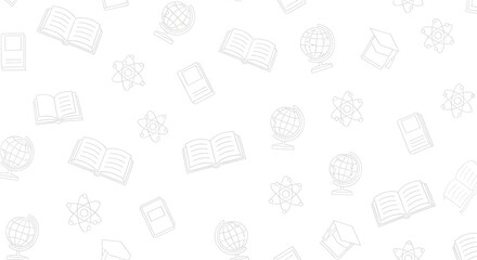 A light gray seamless pattern featuring educational icons like books, globes, atoms, and tablets on a white background.