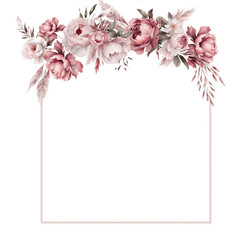 Watercolor frame of dark pink flowers